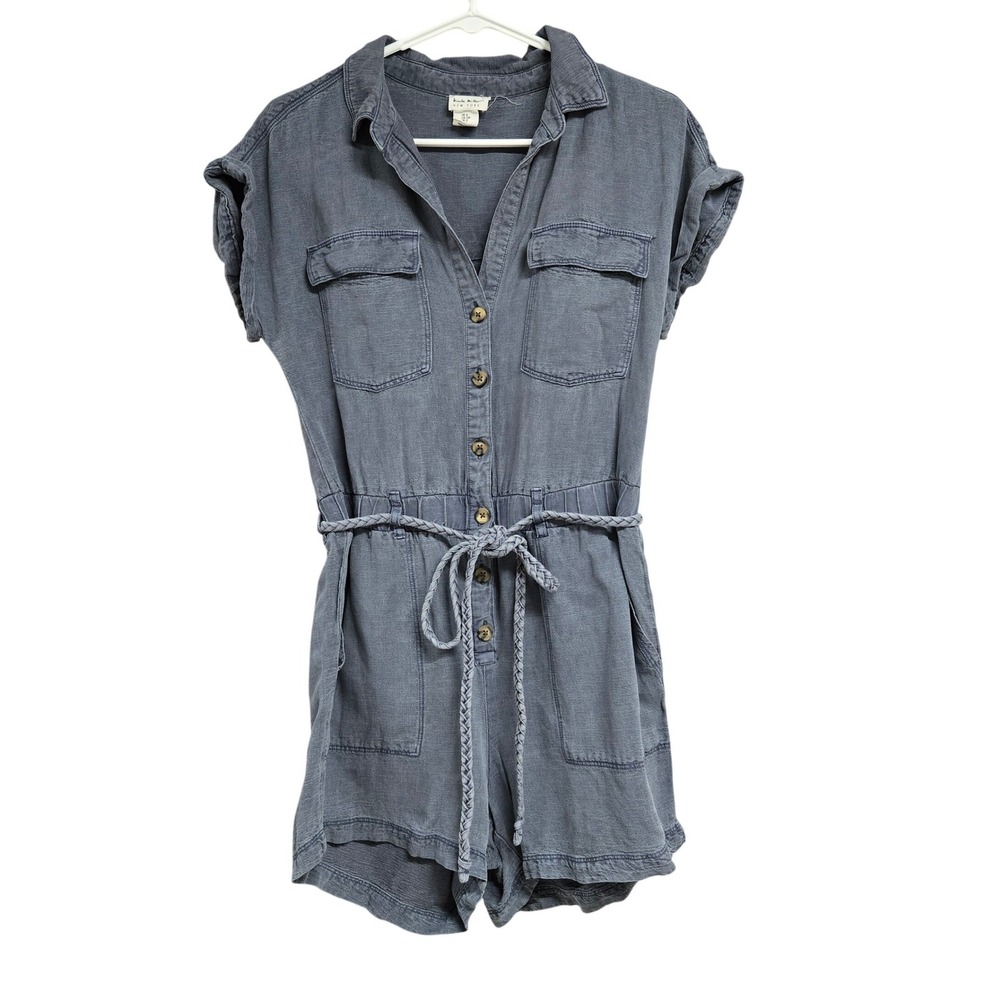 Nicole Miller New York Linen Blend Utility Romper Blue Gray Braided Belt Size S